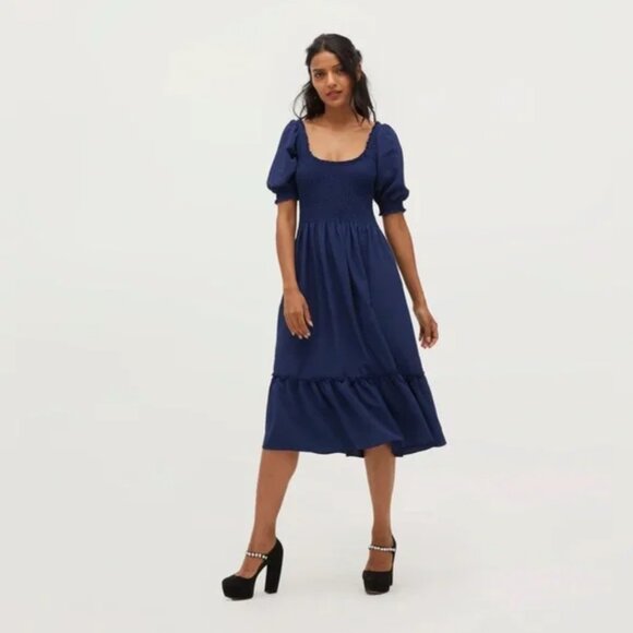 Hill House Dresses & Skirts - Hill House Louisa Nap Dress XS Navy Crepe Puff Sleeve Midi Wrinkle-Free